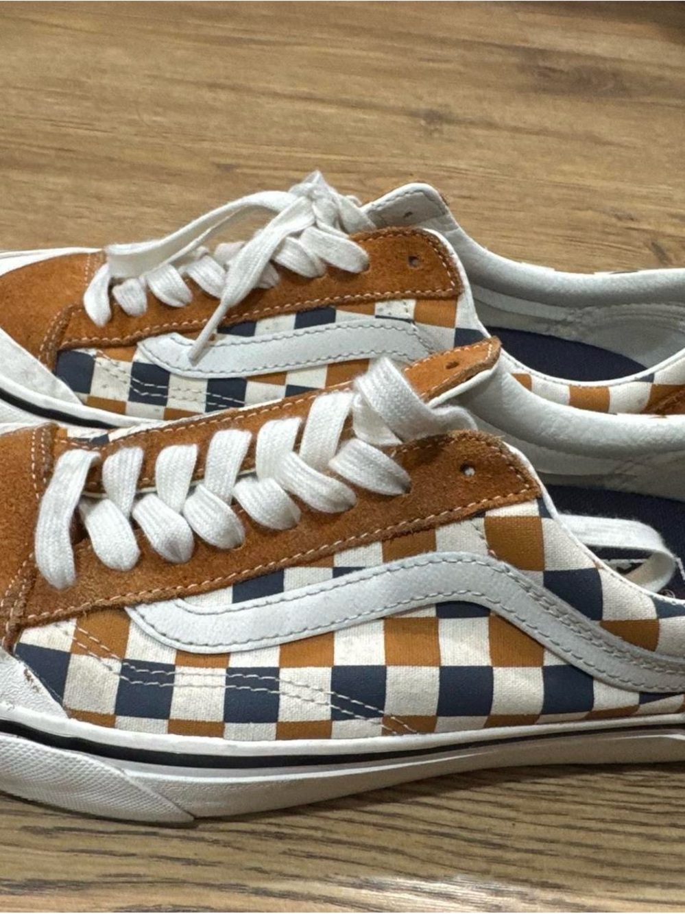 Vans Checkerboard Suede Low Top Sneakers in Brown, Navy & White